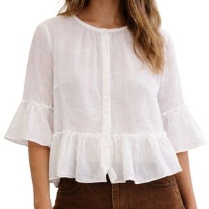 H&M 100% Cotton White Sheer Ruffle Sleeve Peplum Blouse Boho Cottage Costal